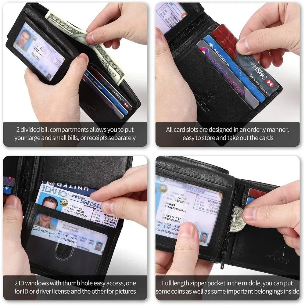 Men's Black Front Zipper Coin Pocket Genuine Leather Bifold Wallet Card Stylish